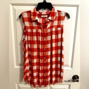 Beach Lunch Lounge Fringe Button Polo Tank Top Orange Plaid  Country Size XL